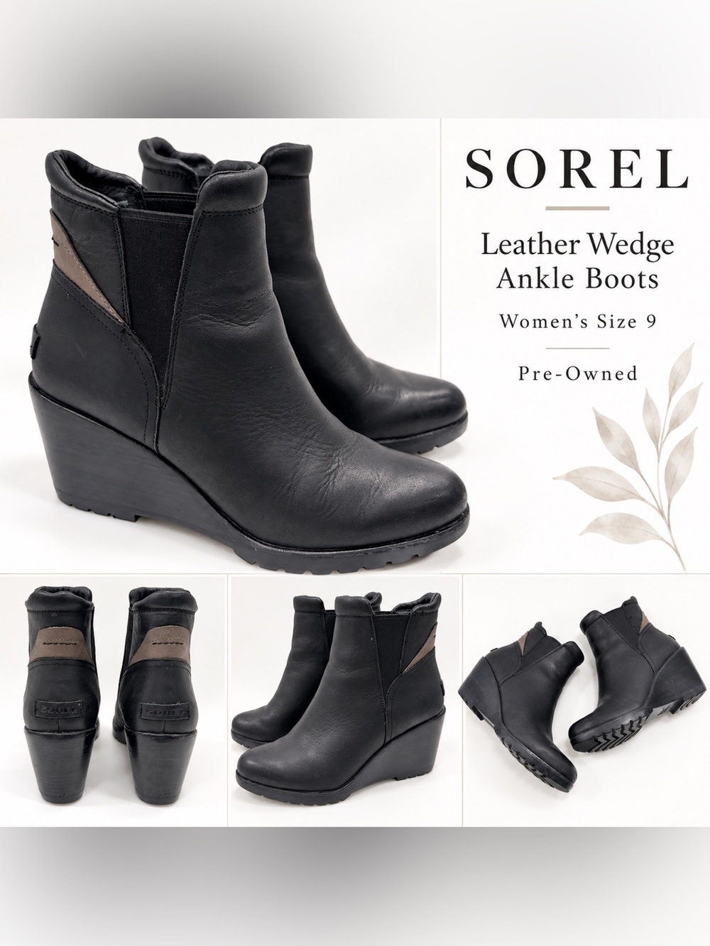 SOREL Black Leather Wedge Ankle Boots – Women’s Size 9